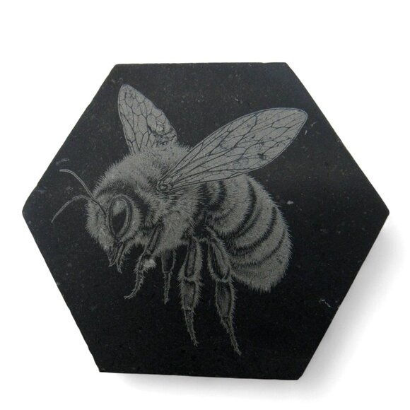 BEE and FLOWER Tiles Engraved Natural Stone Set of 7 Hexagon Mosaic - Picture 1 of 10